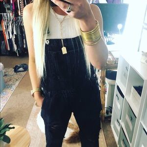 BF black denim overalls-distressed